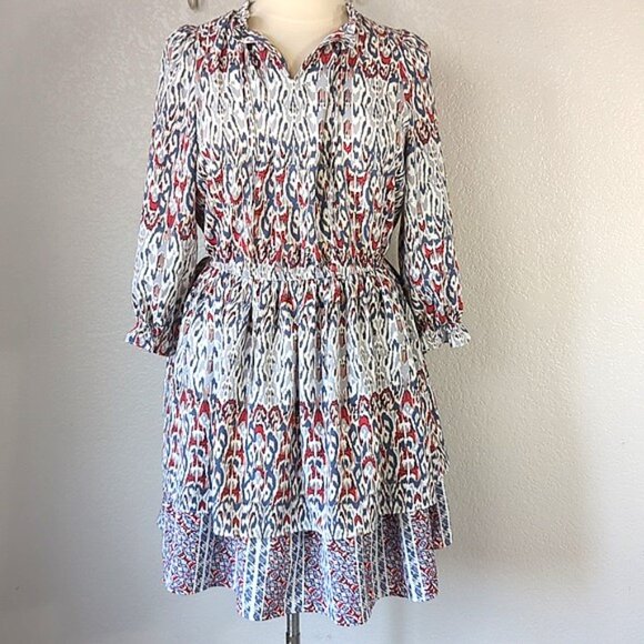 Dex 1X Dress Knee Length Ruffle Tie Neckline Long Sleeves - Picture 1 of 10